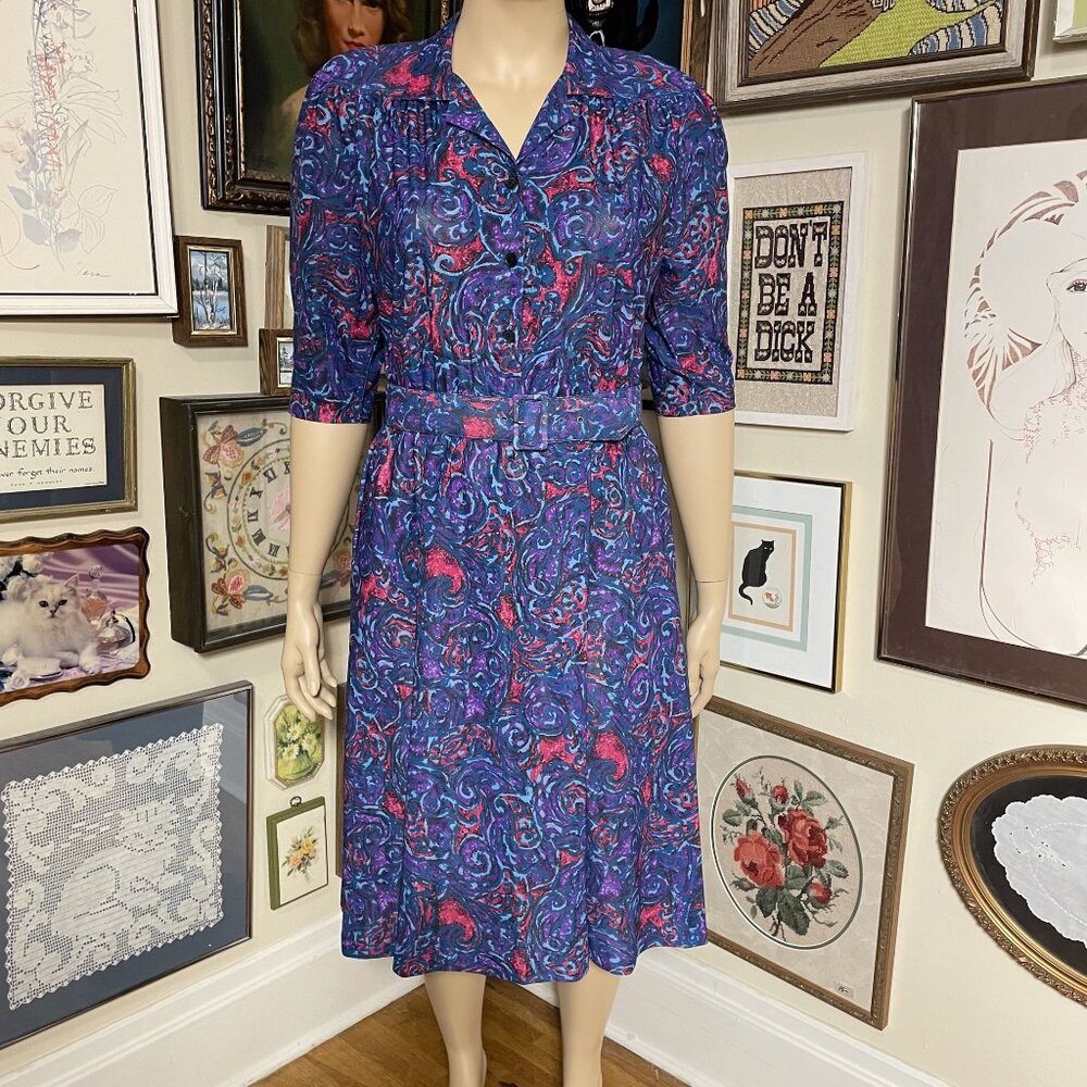80s Vintage California Looks Purple Pink Blue Midi Dress with Pockets and Belt